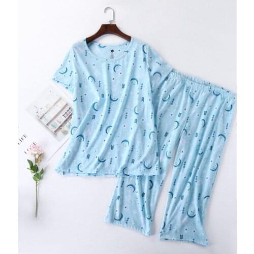 Ladies cotton sets of pajamas with short sleeves cute cartoon European version of summer thin knit cotton ladies home service