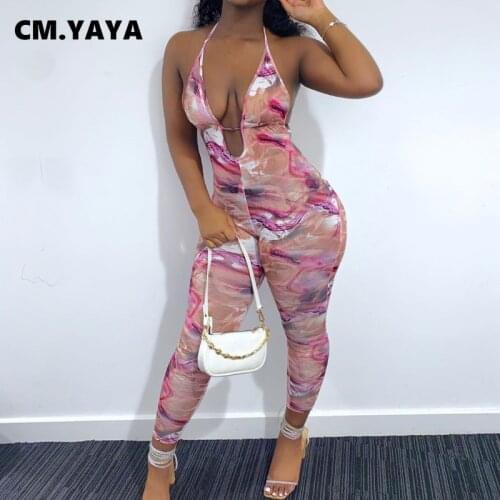 CM.YAYA Women Jumpsuit Tie Dye Bandage Halter Hollow Out Stretchy Skinny Bodycon Jumpsuits Sexy One Piece Overalls Summer Outfit