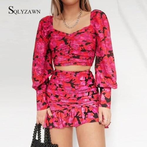Female Korean Flower Print Pink Two Piece Skirt Set Sweet Vintage Draped Ruffle Long Sleeve Crop Top Matching Bodycon Outfits