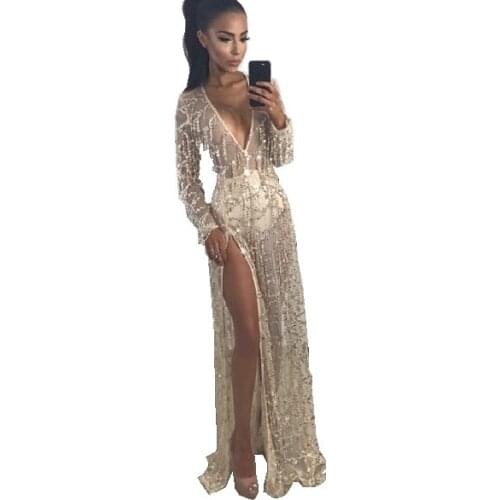 2017 New Women Summer Bling Bling Sequined Long Dress Sexy High Cut Evening Prom Party Shinny Ball Gown Gold Sundress
