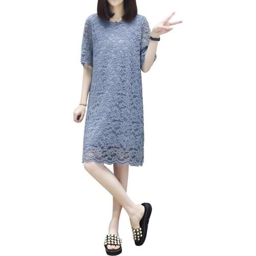 Blue Hollow Lace Dress Summer Temperament fashion O-Neck Hedging Loose Waist Long Women Large Size Straight Vestoidos D47