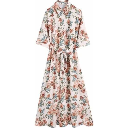 YENKYE Vintage Women Flower Print Long Shirt Dress Female Lapel Collar With Belt Casual Loose Dress Summer Maxi Vestido