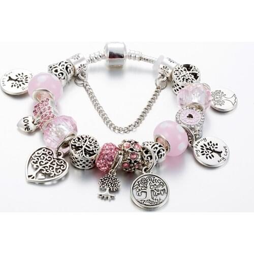 ANNAPAER New Fashion Pink Charms Bracelet & Bangles With Tree of Life Pendant Bracelet for Women Diy Girl Jewelry Gift Fit Women