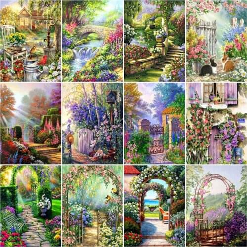 AZQSD Diy Frame Painting By Number Garden Drawing On Canvas Paint By Numbers Door Landscape Kits Modern Wall Art Gifts