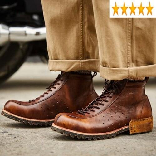 Leather Vintage Handmade Cowhide Genuine Work Ankle Men England Style Motorcycle Boots Winter High-Top Platform Shoes