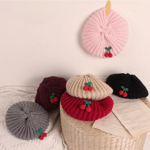 Japan Style Children Baby Girl Beret Hat Cap Winter Warm Cute Cherry Toddler Kids Hats Girls Woolen Crochet Knitted Painter Cap