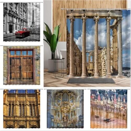 European Buildings Shower Curtains Retro Background Wall Screen Home Decor Bath Accessories Polyester Fiber Waterproof Curtains