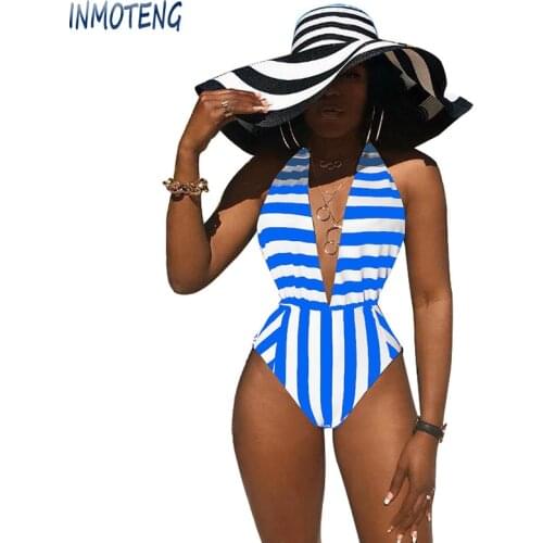 INMOTENG 2019 New Women Striped Sleeveless Deep V-Neck Beach One Piece Sexy Bodycon Party Club Bodysuit Outfit suits
