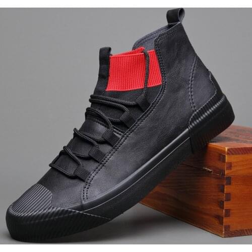 New Hot sale fashion male casual shoes high top lace up Mens leather casual Sneakers fashion Black GRAY flats shoes hjk8