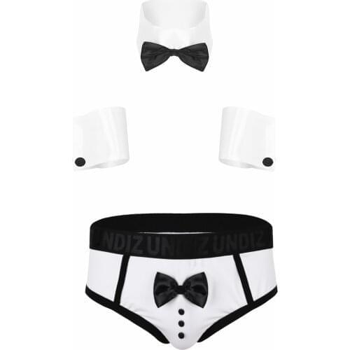 Fashion Men Lingerie Pajama Set Gentlemen Nightwear Sleepwear Collar Cuffs with Color Block Cute Bow Tie Tuxedo Briefs Underwear