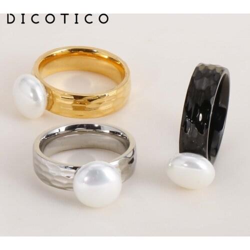 Dicotico Fashion Stainless Steel Imitation Pearl Rings Three Colours High Polished Rings For Women Wedding Bands Anillos Jewelry