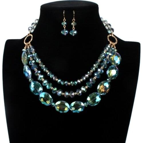 Fashion Jewelry Women Sets Golden Chain Multi Layer Artificial Crystal Pendants Dangle Earrings and Necklaces Sets Women