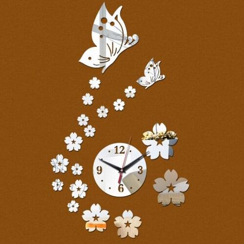 New sale diy wall stickers home decoration acrylic mirror surface clock quartz sticker modern furniture butterfly pattern