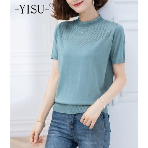 YISU Casual Knitted Sweater Women Loose Jumper Half high collar Summer Female Pullover Short sleeve Solid color sweater 2021New