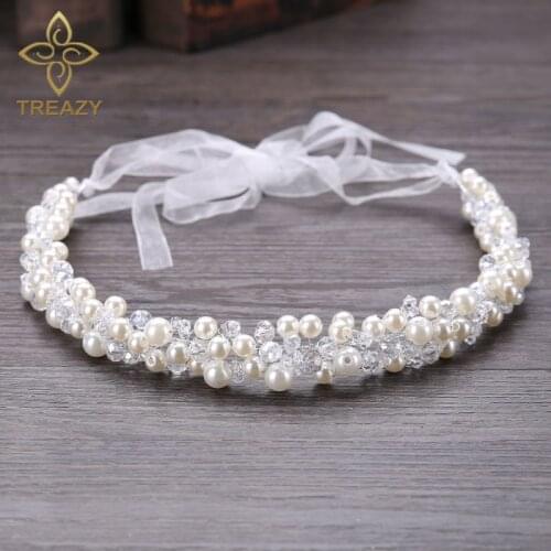 TREAZY Pretty Simulated Pearl Crystal Bride Headband Wedding Accessories Handmade Bridal Bridesmaid Hairwear Veil Jewelry