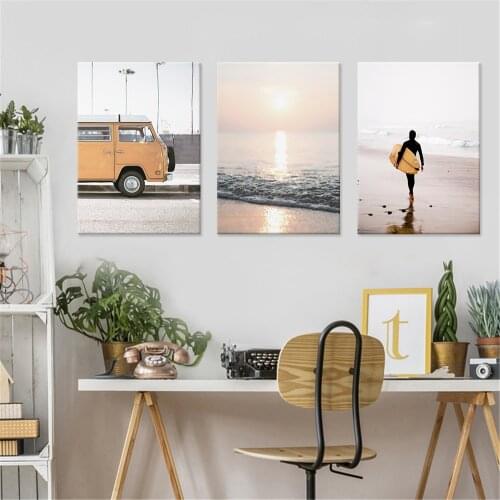Seaside Beach Surfboard Landscape Canvas Painting European Retro Bus Wall Art Pictures Living Room Bedroom Posters Home Decor