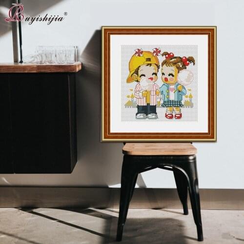 RUYISHIJIA Portrait Pattern for Cartoon Cute Boy and Girl Cross Stitch Set by Starter Kits Beginners Needlework Embroidery