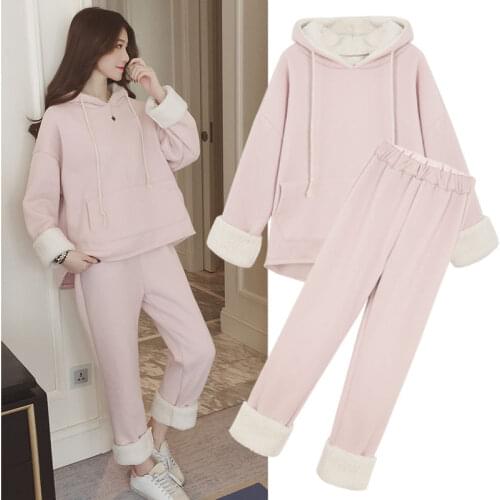 Hoodie Sport two piece set women Plush Causal Warm Sexy Pajamas Winter Big Size Long Hoody Pants Sleepwear Set Clothes