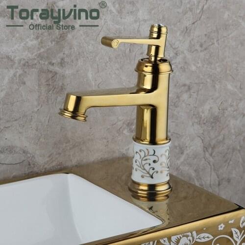 Bathroom Sink Faucet Lavabo Art Pattern Gold Brass Faucet Single Handle Deck Mounted Mixer Tap