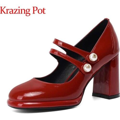 Krazing Pot big size patent leather round toe super high heels brand shoes young lady daily wear European style women pumps L9f3
