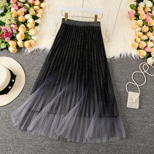 Long Mesh Tulle Gradient Skirt Women 2021 Fashion Elegant High Waisted Transparent A-line Stars Moon Sequin Midi Skirt Female