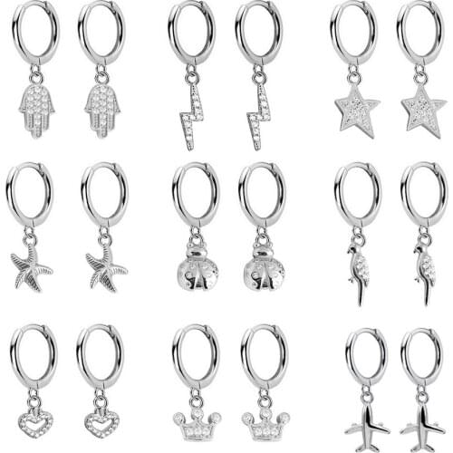 2020 New Small 925 Sterling Silver Hanging Stud Earring For Women Star Heart Plane Unicorn Crown Slice Charm Studs Earring DA661