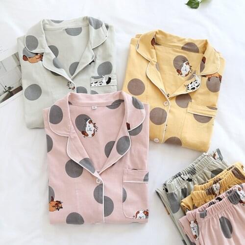 Women Loose Comfortable Breathable Soft Pajamas Trousers 2 Piece Set Knitted Cotton Cute Print Pajama Home Loungewear Sleepwear