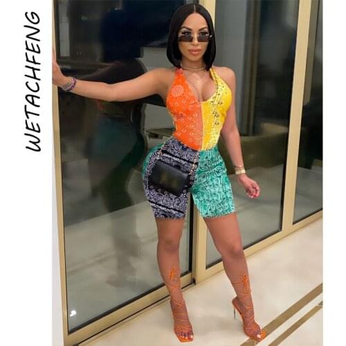 Womens Overalls Shorts Bandana Print Sexy Halter Backless Biker Short Romper Summer One Piece Outfits Playsuits Female Clothing
