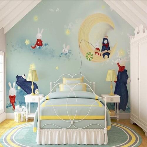 Milofi custom 3D wallpaper mural hand-painted cute child bear bear rabbit moon living room background wall decoration painting w
