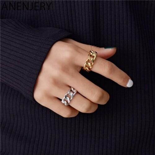 ANENJERY 925 Sterling Silver Trendy Lock Chain Rings for Women Men Handmade Twisted Geometric Rings Party Jewelry S-R941