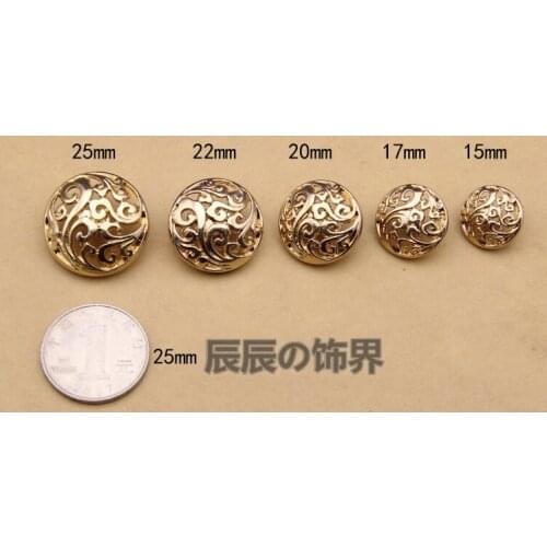 30pcs lot shiny gold 15/17/20/22/25mm 5sizes optional metal casted hollow charm shank button fashion garment sew-on accessories