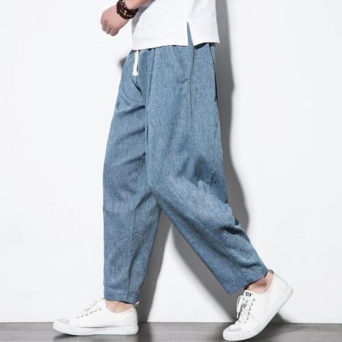 Streetwear Cotton Linen Harem Pants Mens Jogger Pants Loose Ankle-Length Solid Nice Casual Sweatpants Mens Trousers