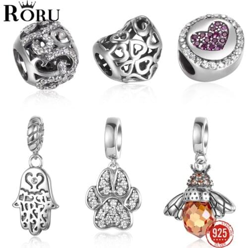 S925 Sterling Silver Beads for Women Zircon Dazzling Love Heart Bee Pet Footprints Beads Charms for Jewelry Making