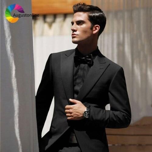 Custom Made Black Wedding Suit Men Peaked Lapel Regular Fit Groom Tuxedo Male Blazers 2Piece Groomsmen Jacket Pants