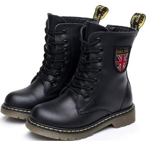 Autumn Winter Children Motorcycle boots Genuine leather Boys Girls Military boots Lace-Up Mid-Calf Snow boots Kids shoes 06A