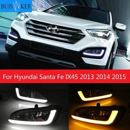 2Pcs LED Daytime Running Lights DRL 12V Fog lamp with turn yellow signal For Hyundai Santa Fe IX45 2013 2014 2015