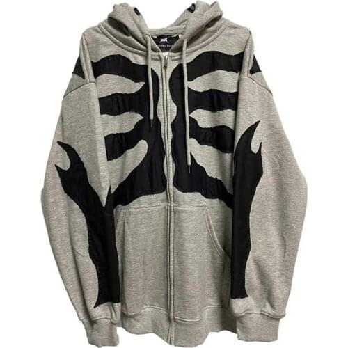 Irregular Skeleton Printing Gray Cardigan Oversize Hip Hop Chic Streetwear Loose Hooded Sweatshirt Jacket Women Clothing Jacket