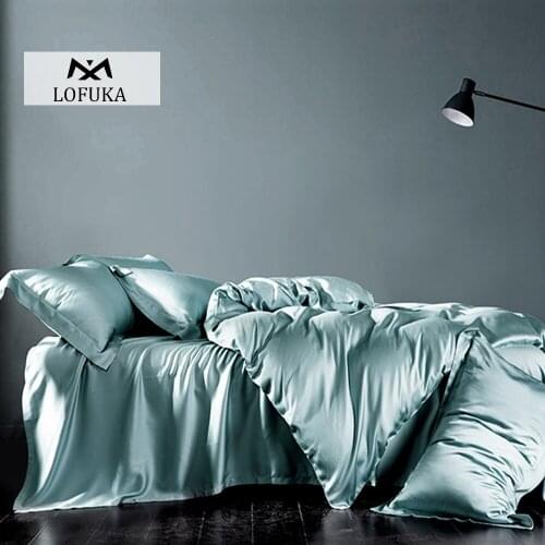 Lofuka Light Life 100% Silk Blue Bedding Set Beauty Healthy Hair And Skin Soft Duvet Cover Queen King Flat Sheet Pillowcase