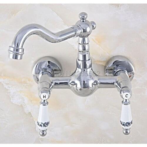 Chrome Brass Wall Mounted Dual Ceramic Handle Swivel Spout Bathroom Basin Mixer Tap & Kitchen Sink Faucet Lnf564