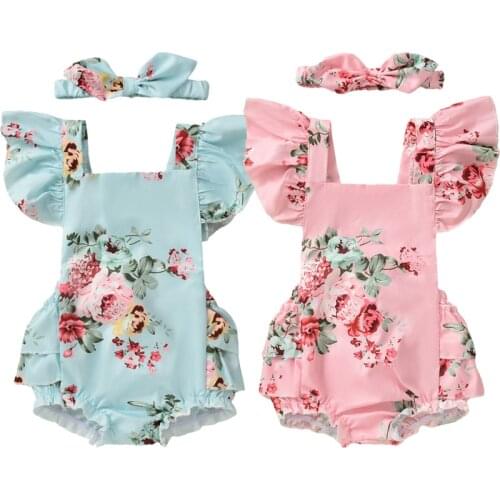 Summer Baby Girls Romper+Headband Cotton Floral Ruffles Short Sleeve Backless Infant Rompers Newborn Clothes