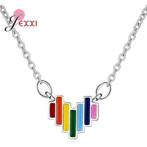 Cute 925 Sterling Silver Painte Oil Rainbow Heart Necklace Pendant Lovely Jewelry Women Birthday Gift Bijoux