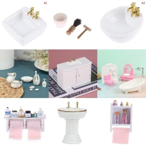 1:12 Dollhouse Miniature Hand Sink Shaver Set Brush Razor Towel Makeup Rack Bath Set Bathroom Model Decor Furniture Accessories