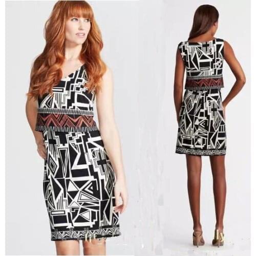 New womens false two-piece geometric figure printing v-neck sleeveless stretch vest SILK JEREY dress
