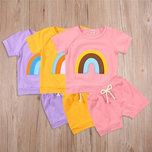 6M-5T Toddler Baby Boys Girls Children Sets Kids Summer Tracksuits Rainbow Print Short Sleeve T-Shirts+Shorts 2-Piece Outfits