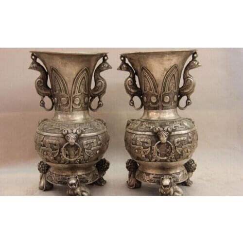 Song voge gem S1573 China White Copper Silver Fine Birds Zun Wild animal Foo Dog Lion Pot Vase Pair