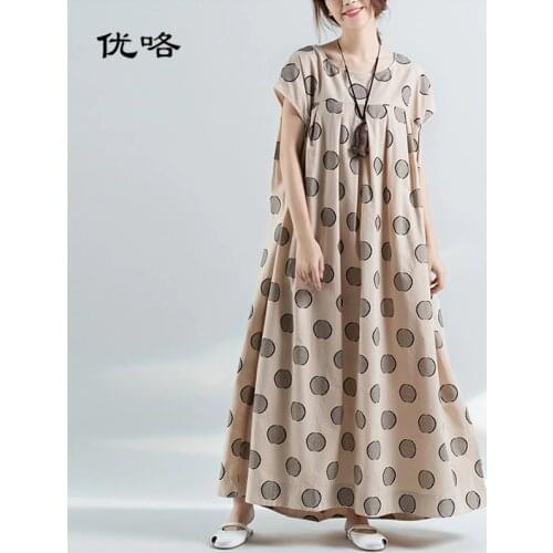 Vintage Linen Polka Dot Dress Retro Plus Size Maxi Summer Sundress Women Short Sleeve Cotton Loose Long Dresses 4XL 5XL 6XL 2019