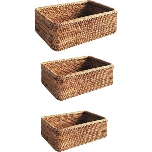 Hand-Woven Rectangular Rattan Wicker Basket Fruit Tea Snack Bread Picnic Cosmetic Storage Box Kitchen Household Tools