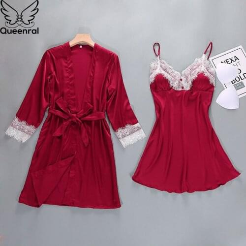 Queenral 2PCS Sexy Womens Robe Gown Sets Night Woman Nightgown Summer Nightdress Lace Satin Sleepwear Pajamas With Chest Pad