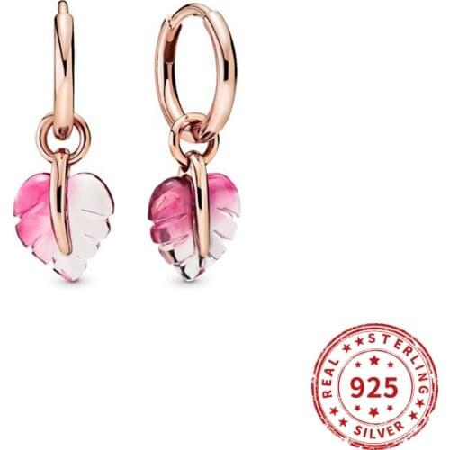 Real 925 Sterling Silver Earring Pink Murano Glass Leaf Hoop Earring For Women Birthday Party Fine Jewelry Gift 2021