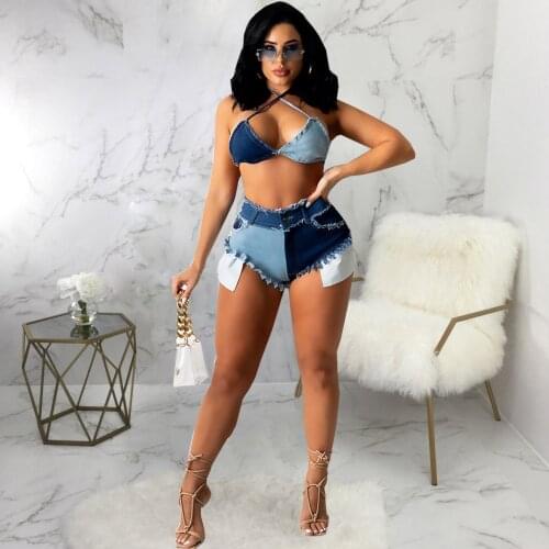 Contrast Color Patchwork Skinny Denim Short for Women Fashion High Waist Fur-lined Sheath Shorts Streetwear Package Hip Bottom